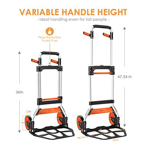 Teprovo Dolly Cart, 340lb Aluminum Folding Hand Truck with Swivel Handle, Heavy Duty Utility Dolly Foldable Trolley with Elastic Cord, 7 Inch Wheels for Moving, Warehousing, Shopping and More