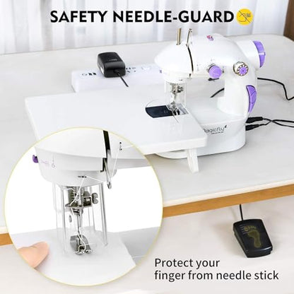 Magicfly Mini Sewing Machine with Extension Table, Dual Speed Portable Sewing Machine for Beginners with Light, Sewing Kit for Household Use, White - color: White