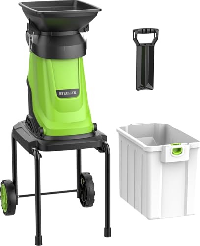 Steelite 1.8" 15 Amp Electric Wood Chipper, 55L Collection Bin Electric Mulcher Chipper Shredder, Wood Chipper with Max 4000RPM Motor Speed, Easy-Cleanup Dual Steel Blades for Twigs and Branches - color: dark green