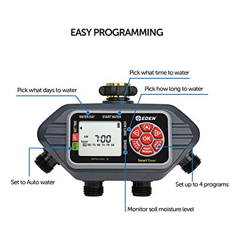Eden 93413 Programmable Digital Water Timer 4-Zone, Compatible with Wireless Soil Moisture Sensor - size: 4 Zone