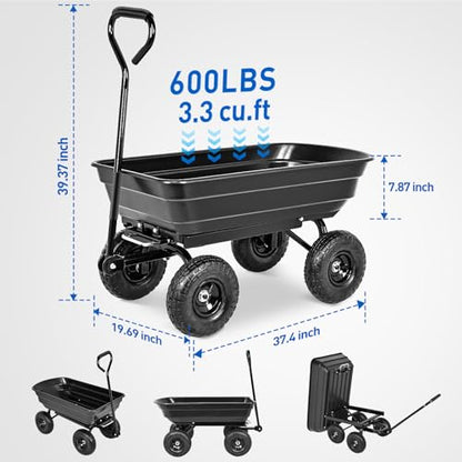 Yesker Garden Carts - 600lbs Dump Wagon with All Terrain Inflatable Wheels for Yard Lawn Farms Gardening - Heavy Duty Utility Outdoor Hauling Wheelbarrow - size: PVC 600Lbs