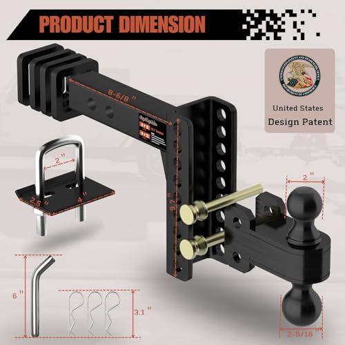 2" Adjustable Trailer Hitch with Tightener, 6-Inch Rise/Drop - size: 6 inch