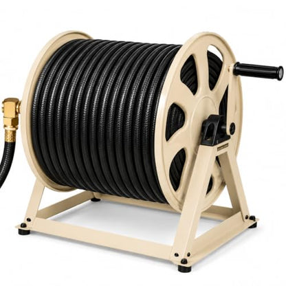 Dual Floor and Wall Mounted Garden Hose Reel, Holds 200ft of Water Hose, Heavy Duty Metal Hose Reel, Space Saving Hose Reel Organizer for Yard, Garage & Shed - color: Tan