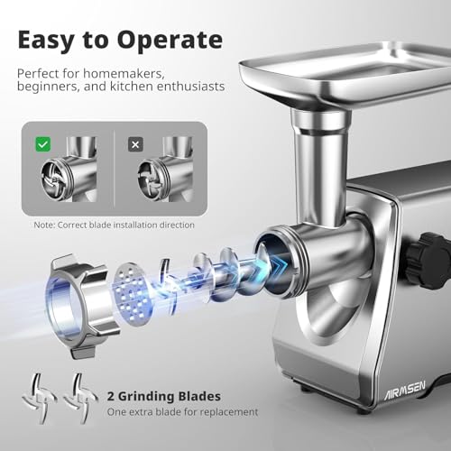 AIRMSEN Electric Meat Grinder & Mincer – Heavy Duty Professional Stainless Steel Sausage Maker & Stuffer with 3 Plates, 2 Stainless Blades & Kubbe Kit – Fast, Quiet, Easy to Clean for Home Kitchen Use - size: Medium