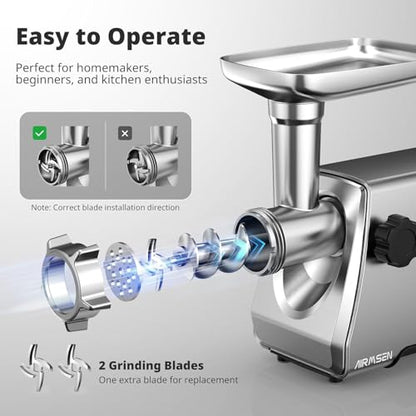AIRMSEN Electric Meat Grinder & Mincer – Heavy Duty Professional Stainless Steel Sausage Maker & Stuffer with 3 Plates, 2 Stainless Blades & Kubbe Kit – Fast, Quiet, Easy to Clean for Home Kitchen Use - size: Medium