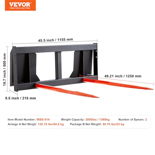 VEVOR 49" Hay Spear, Bale Spears 3000lbs Loading Capacity, Skid Steer Loader Tractor Attachment 2pcs Spears, Quick Attach Spike Forks - style: 49" Horizontal Assembly