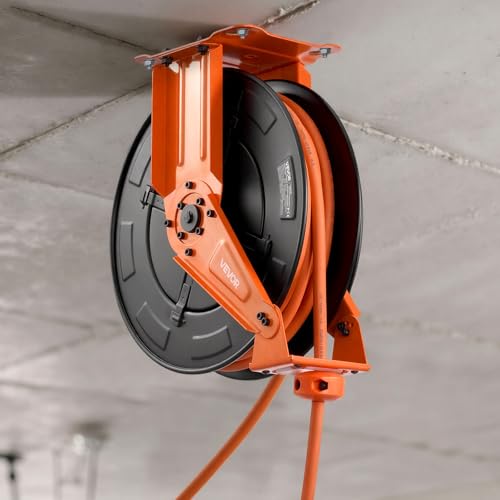 VEVOR Retractable Air Hose Reel, 3/8 Inch x 50 FT Rubber Air Hose Max 300PSI, Auto Rewind Air-Compressor Hoses Reel with 5 ft Lead in, Ceiling/Wall Mount Heavy Duty Steel Double Arm - size: 3/8 in x 50 ft