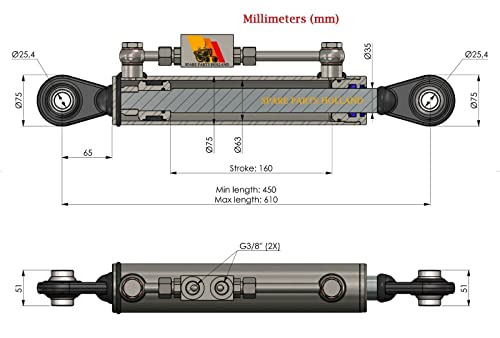 Hydraulic Top Link Cat. 2-2 with Locking Block 17 3/4” - 24” with 2 x Hoses