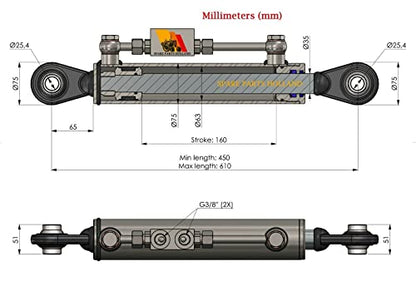 Hydraulic Top Link Cat. 2-2 with Locking Block 17 3/4” - 24” with 2 x Hoses