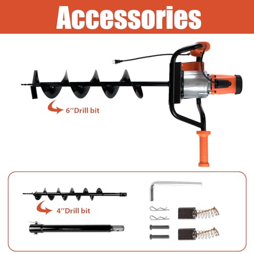 1500W Electric Post Hole Digger 6" & 4" Bits, No Bag, Orange - color: Orange