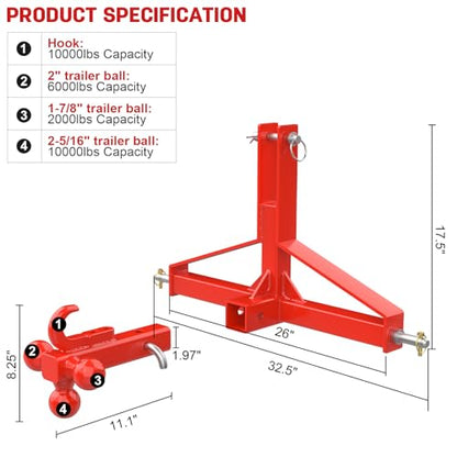 3 Point Trailer Hitch with 2” Receiver, Tri-Ball Hitch for Cat.1 Tractors - color: Red
