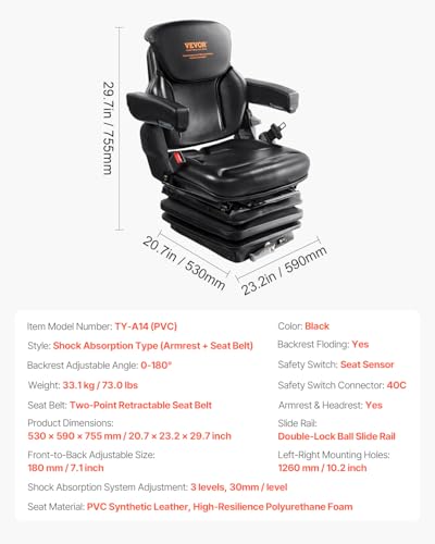 VEVOR Universal Forklift Seat, Tractor Seat with Armrest & Adjustable Back - style: High Suspension