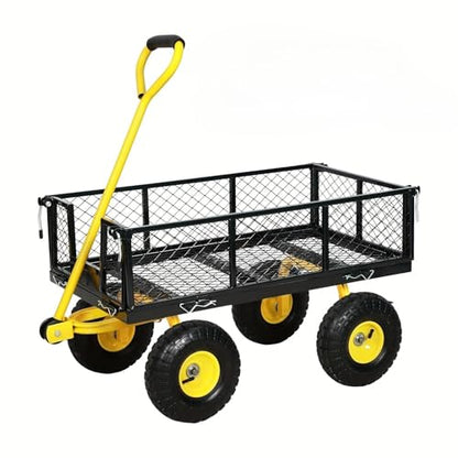 Heavy Duty Steel GCart 900 lbs Capacity, Removable Mesh Sides Convert to Flatbed, Utility Metal Wagon with 180° Rotating Handle 10" Tires Ideal for Garden, Farm, Yard Work
