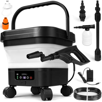 Portable Electric Cleaning Washer with Tank, 3.4 Gal Foldable Tank, Portable Cordless Cleaning Tool with 360° Nozzle, 23FT Hose for Camping Trips, Patio Furniture, Bike Washing, and Pet Bathing