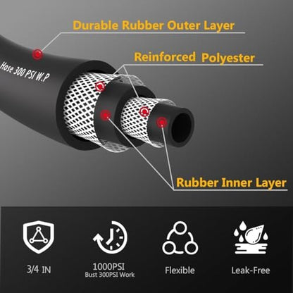 Guitrees Garden Hose 100FT x 3/4”, Heavy Duty Rubber Hose, Water Hose with Five-Layered Braiding, Male Female Fittings, 1000PSI Burst, 300PSI Working (Black) - color: Black, size: 3/4 100FT Male to Female