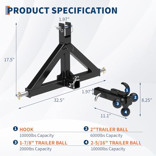 Garvee 3 Point Hitch Receiver with 2 in Receiver, 3 Ball & Hook - color: Black-1, size: 33"x 17.5"