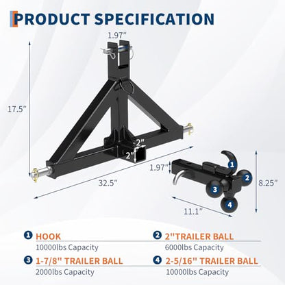 Garvee 3 Point Hitch Receiver with 2 in Receiver, 3 Ball & Hook - color: Black-1, size: 33"x 17.5"