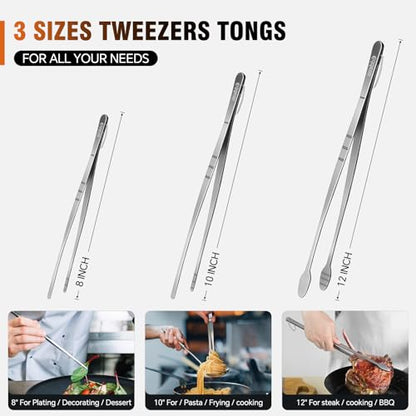 kitchen tweezers for cooking tweezers stainless steel tongs 12"10"8" - color: Stainless Steel 3Pcs, size: 8+10+12 inch