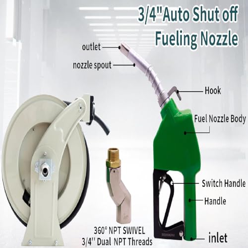 3/4"x50' Fuel Hose Reel Retractable & Fuel Nozzle & Fuel Hose Swivel,Spring Driven Diesel Hose Reel,Inlet 1" NPT Thread Swivel Oulet 3/4" NPT Thread Swivel,Heavy Duty Steel Construction Reel - size: 3/4" x 50'