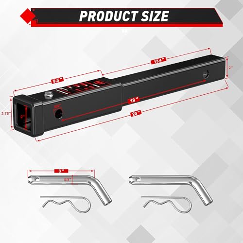 TYT 18-Inch Hitch Extender for 2" Receiver, Trailer Hitch Extension - size: 18'' Extender with pin