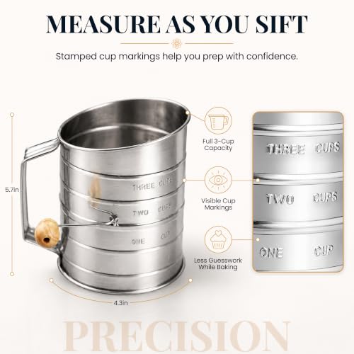 Bellemain Stainless Steel Flour Sifter for Baking with Hand Crank - 3 Cup - size: 3 Cup