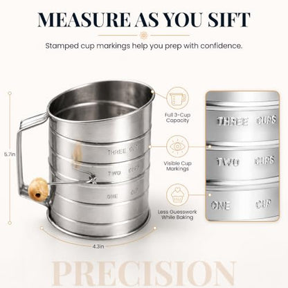 Bellemain Stainless Steel Flour Sifter for Baking with Hand Crank - 3 Cup - size: 3 Cup