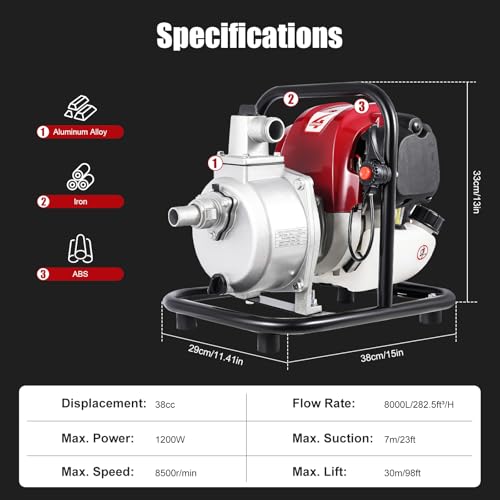 YIYIBYUS 1" Inch Water Transfer Pump, 38CC 4-Stroke Portable Gas Gasoline Engine Powered High Pressure Water Pumps Transfer for Irrigation Pool Landscaping Gardening Irrigation