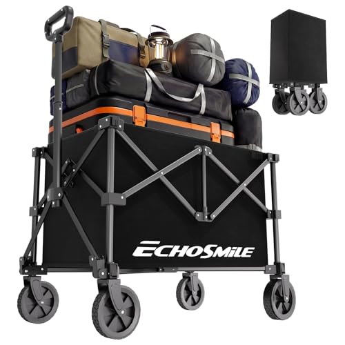 EchoSmile Easy Collapsible Wagon Cart, Folding for Grocery & Camping, Black - color: Black