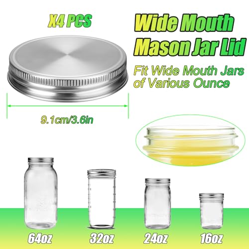 Palksky Mason Jar Lids Stainless Steel for Wide Mouth Mason Jar Lids, 4Pcs Rustproof Mason Jar Caps/Tops - Leakproof & Dishwasher Safe - style: Wide Mouth Stainless Steel Mason Jar Lids 4 PCS
