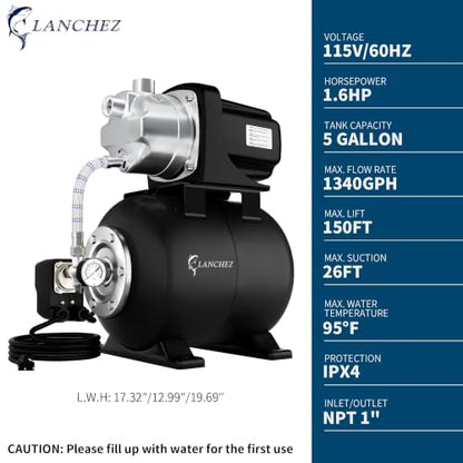 Lanchez 1.6HP Shallow Well Garden Pump, Stainless Steel Irrigation Pump, 1340 GPH, Automatic Water Booster Jet Pump for Home, Garden, Lawn,Irrigation, 115V, Matte black - color: Matte Black