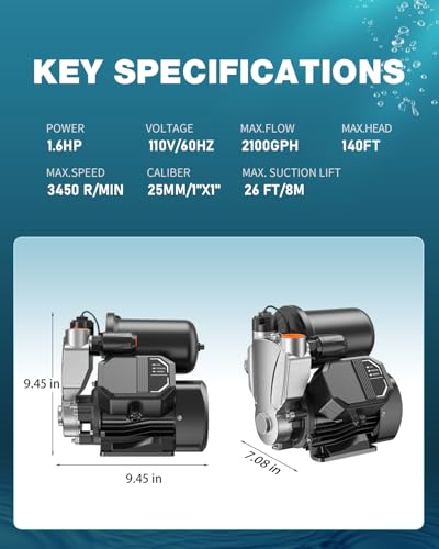 1.6HP Water Pressure Booster Pump, 110V Stainless Steel Automatic Pump with Digital Pressure Display, 2100 GPH High Flow, 140FT Max Head for Home, Shower & Irrigation