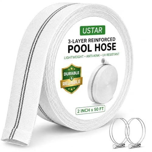 Pool Backwash Hose, 2 Inch x 50 FT Heavy Duty Lay Flat Discharge Hose with 2 Stainless Steel Clamps, Reinforced Polyester PU Lining for Sump Pump, Drainage & Irrigation - size: 2in x 50 FT