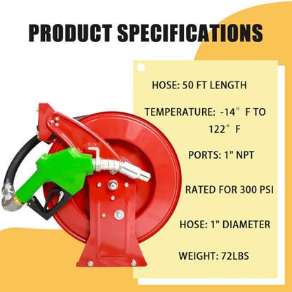 Fuel Hose Reel,Ratchet Spring-Driven Retractable 1"x 50' Diesel Hose Reel W/Swivel, AUTO Fuel Nozzle,SS Eblow Barb Fitting,300 PSI,1"NPT Inlet,1" Outlet Heavy Duty Steel Construction - color: Red, size: 1"-50FT