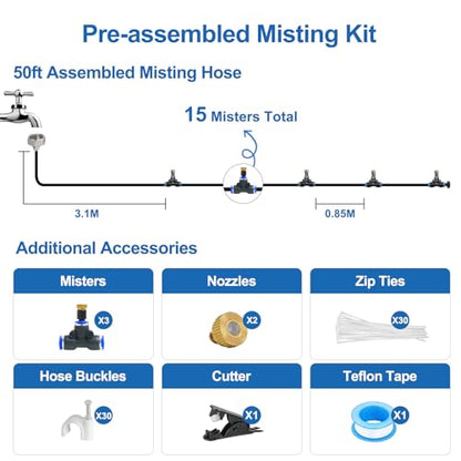 Pre-Assembled Misters for Outside Patio,Outdoor Misting System,50FT|15M. - size: 50FT-Pre