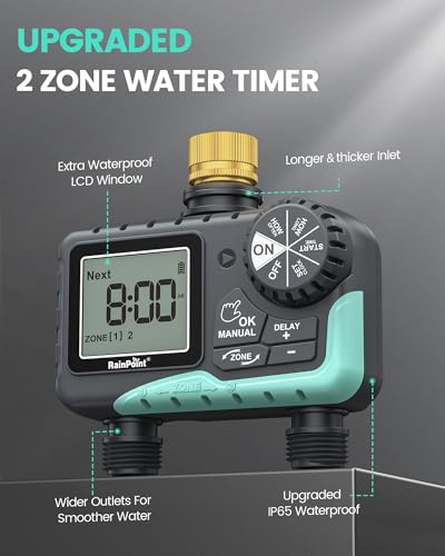 RAINPOINT Sprinkler Timer 2 Outlet, Water Timer for Garden Hose, Programmable Drip Irrigation for Yard Outdoor Watering, Rain Delay/Manual/Automatic
