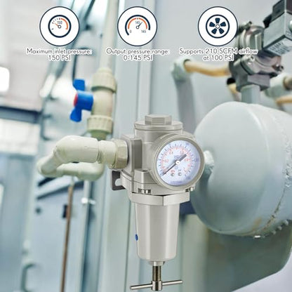 Tuanse 1/2" NPT Compressed Air Regulator Compressed Air Pressure Regulator T-Handle, 0-150 PSI Gauge & Metal Bracket