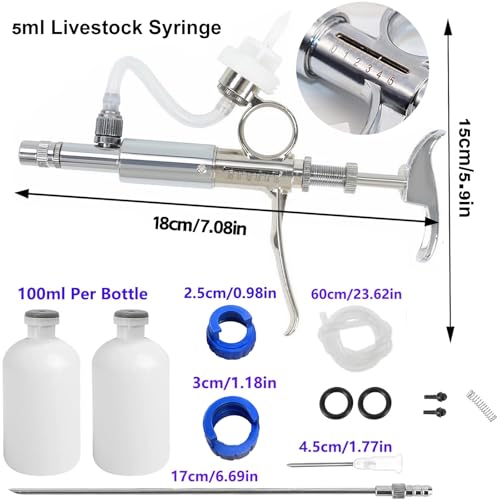 5ml Stainless Steel Livestock Syringe Adjustable Injection Gun with Needle