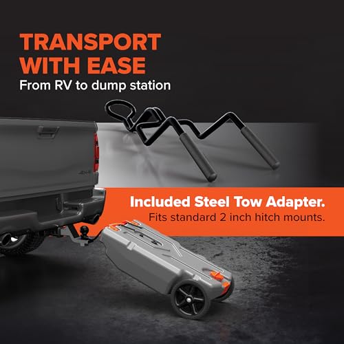 Camco Rhino 28-Gallon Camper/RV Tote Tank - Features Large Heavy-Duty No-Flat Wheels & Built-in Gate Valve - Removable Steel Tow Adapter, 3’ Sewer Hose & More RV Accessories (39004) - size: 28 Gallon, style: Heavy Duty (2 Wheel)