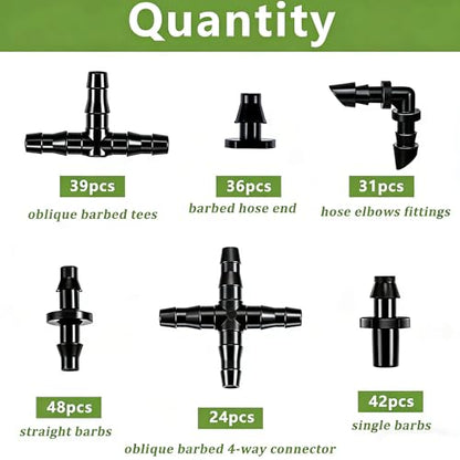 Dianrui 220 PCS Drip Irrigation Kit, Drip Irrigation Parts 1/4'' Tubing Fittings Kit for Garden Lawn Flower Sprinkler Systems-End Plug/ 4-Way Connector/Single barbs/Straight Barbs/Oblique Barbed Tees - style: TypeC