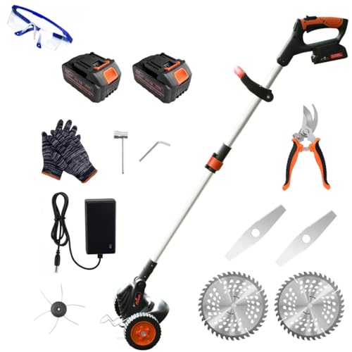 Weed Wacker Eater Cordless Battery Powered Electric Edger Lawn Tool Trimmer String Cordless Whacker Operated Grass Edger Cutter Black-Orange *2 Battery