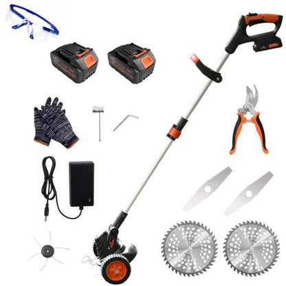 Weed Wacker Eater Cordless Battery Powered Electric Edger Lawn Tool Trimmer String Cordless Whacker Operated Grass Edger Cutter Black-Orange *2 Battery