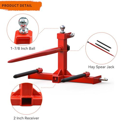 YINTATECH 49" 3 Point Hay Spear for Tractor CAT 1 with 2 Stabilizers Spear