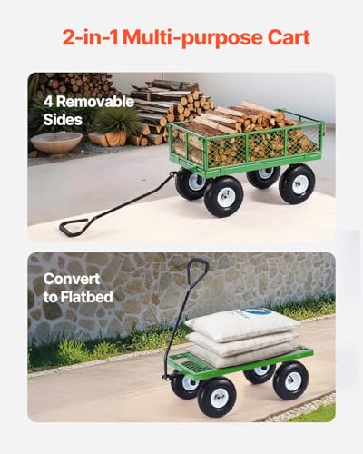 VEVOR 680 Lbs Steel Garden Cart on Wheels, Heavy Duty Garden Wagon Cart Pullable, Metal Outdoor Utility Yard Wagon Carts with 10" Tires, Mesh Removable Sides and 180°Rotating Handle - color: Black+green