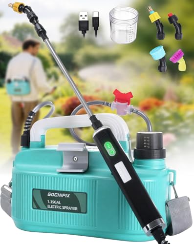 Electric Garden Weed Sprayer 1.35 Gallon, Battery Powered USB Rechargeable Handle w/Indicator, 4 Spray Nozzles, Shut-Off Valve, Retractable Wand, Strap, Auto Pump Plant Mister for Lawn Garden - size: 1.35 Gallon