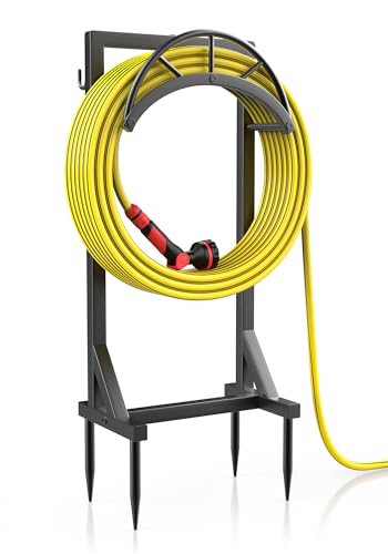 Garden Hose Holder, Metal Water Hose Storage Stand Hanger, Freestanding Water Hose Organizer Rack with 2 Tool Hooks for Outdoor Yards, Farms and Lawns, Black