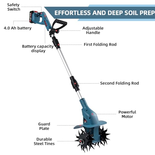 21v Cordless Tiller Cultivator with 4.0 Ah Battery and Charger