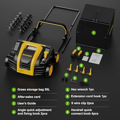 2026 Upgraded Electric Dethatcher Scarifier 16-Inch, EVEAGE 2-in-1 Lawn Dethatcher with 5-Position Depth Adjustment, 14.5-Gallon Collection Bag, Quick-Fold Lawn Scarifier for Healthy Lawn - color: yellow
