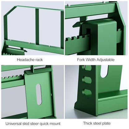 Pallet Forks Quick Attach Pallet Forks 4409 lbs Universal Skid Steer Pallet Fork Attachmen 45“ Pallet Fork Frame for Tractors and Loaders (Green)