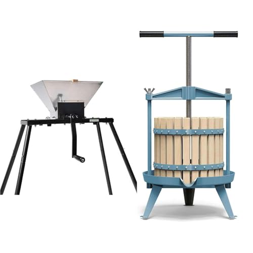 SQUEEZE master Fruit Wine Cider Press - Solid Wood Basket- 3.17 Gallon/12L-T Handle Bar with Fruit Apple Wine Classic Crusher -7 Litre/1.8Gallon Manual Grinder