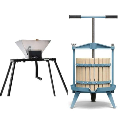 SQUEEZE master Fruit Wine Cider Press - Solid Wood Basket- 4.75 Gallon/18L-T Handle Bar with Fruit Apple Wine Classic Crusher -7 Litre/1.8Gallon Manual Grinder